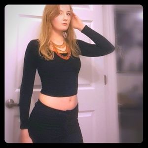 Black Long Sleeve Fitted Crop Top